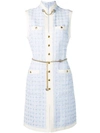 Gucci Sleeveless Short-tweed Dress With Chain Belt In Light Blue