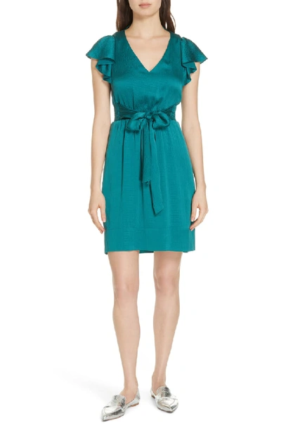 Rebecca Taylor Belted Silk Flutter-sleeve V-neck Dress In Viridian