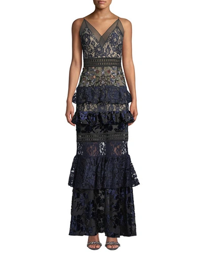 Patbo Patricia Bonaldi Tiered Lace And Velvet Floral-beaded Gown In Blue