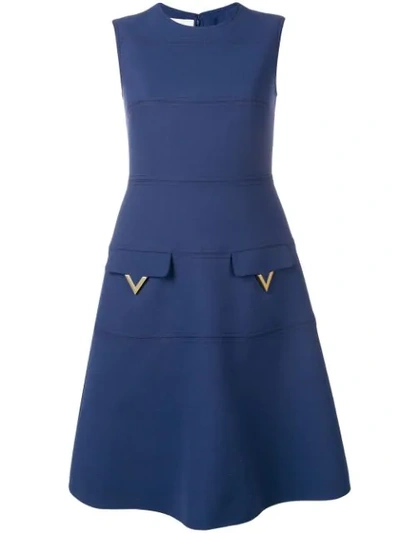 Valentino Embellished Grain De Poudre Wool Dress In Blue