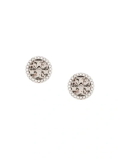 Tory Burch Crystal Logo Circle-stud Earrings In Clear/silver