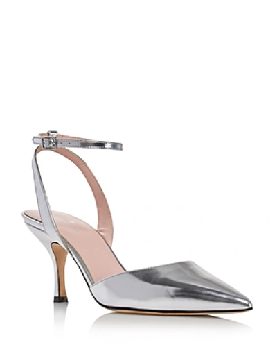 Kate Spade Women's Simone Pointed-toe Ankle-strap Leather Pumps In Silver