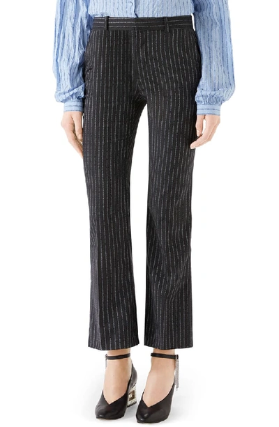 Gucci Logo Stripe Bootcut Wool Pants In 1180 Dark Grey/ Azure
