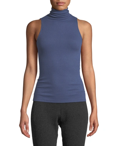Enza Costa Ribbed Sleeveless Turtleneck Top In Blue
