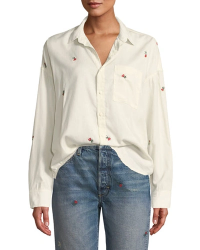 Amo Denim Embroidered Boxy Button-down Shirt In White Pattern
