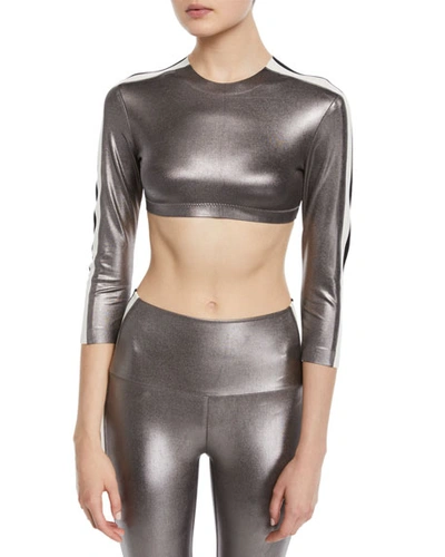 Norma Kamali Metallic Side-stripe 3/4-sleeve Crop Top In Gray Pattern