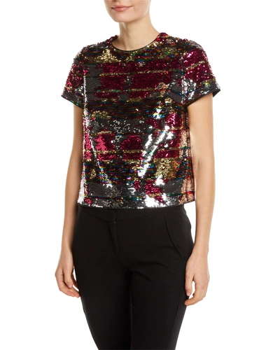 Aidan Mattox Striped Sequin T-shirt In Silver Multi