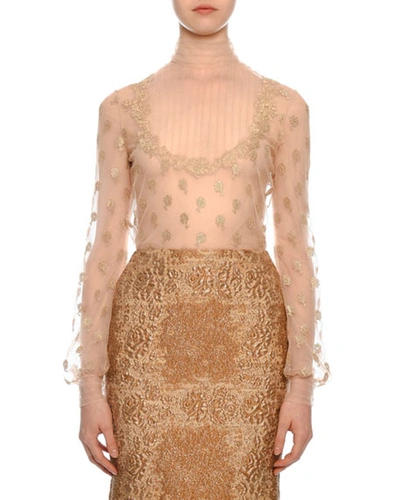 Valentino Long-sleeve Mock-neck Point D'esprit Lace Blouse In Gold