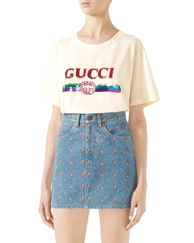 Gucci Embroidered High-waist Denim Mini Skirt In Blue Pattern