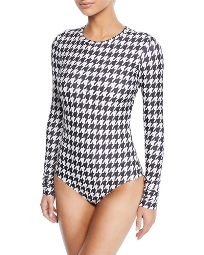Cover Long-sleeve Houndstooth One-piece Swimsuit In Black/white