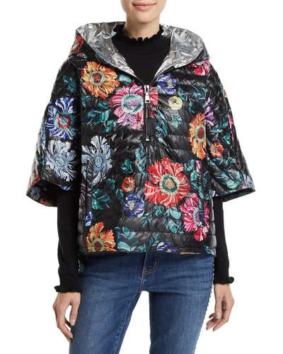 Think Royln The Heroine Quilted Floral Poncho In Black Bloom