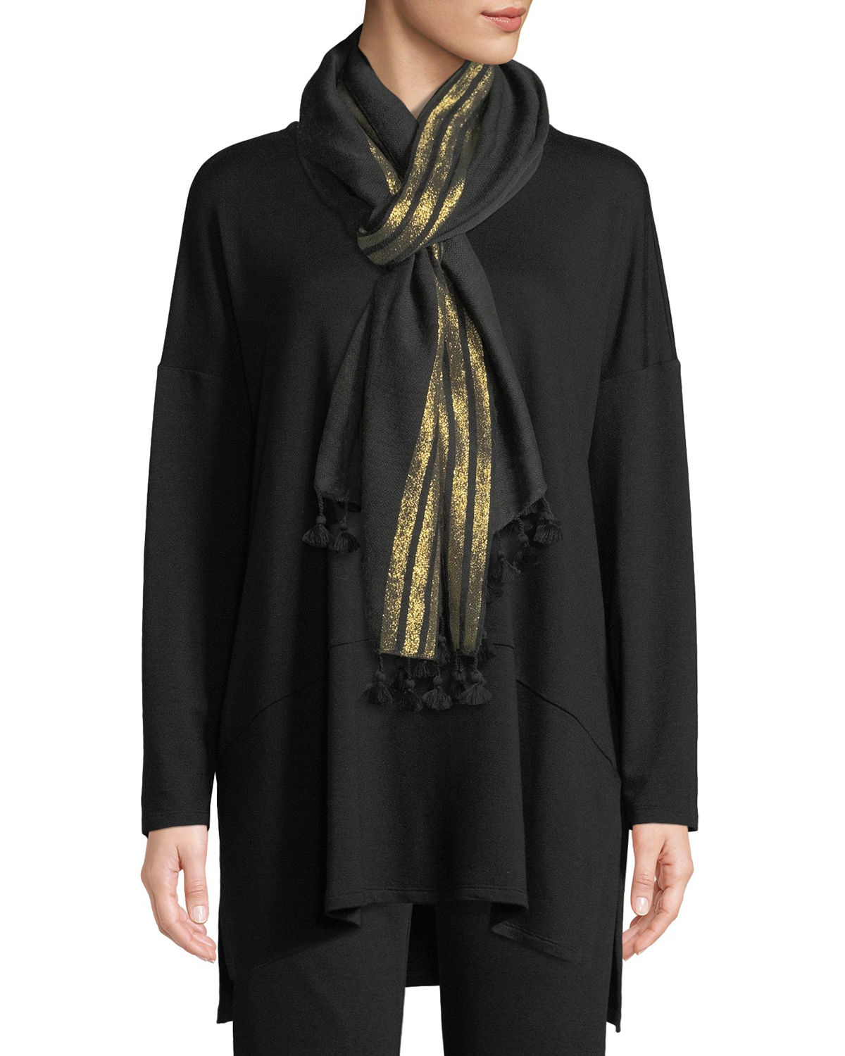 Eileen Fisher Metallic Wool Blend Tassel Scarf In Black/gold | ModeSens