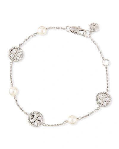 Tory Burch Crystal & Pearly Delicate Logo Bracelet In Silver
