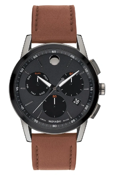 Movado Men's Museum Sport Chronograph Watch With Leather Strap In Cognac/ Black/ Gunmetal