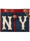 Gucci Rajah Large Suede Tote Bag With Ny Yankees Mlb Patch In New Blue/ Cerise/ Blue Red