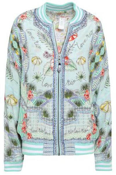 Camilla Woman Embellished Printed Silk Bomber Jacket Sky Blue