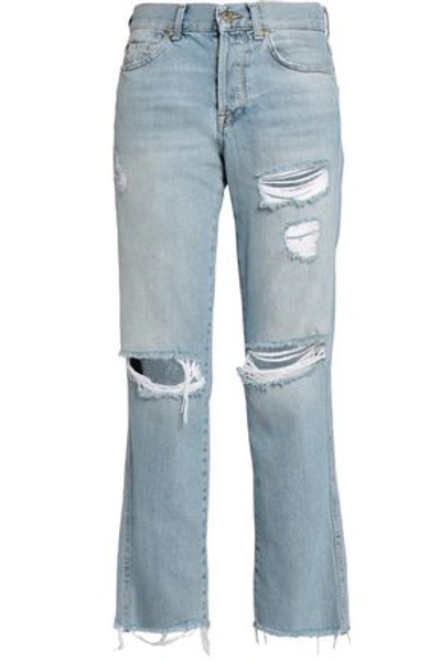 7 For All Mankind Woman Frayed Distressed High-rise Boyfriend Jeans Light Denim