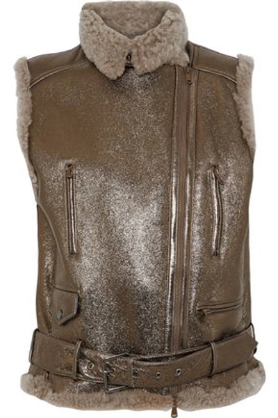 Brunello Cucinelli Woman Shearling-trimmed Metallic Faux Leather Vest Bronze