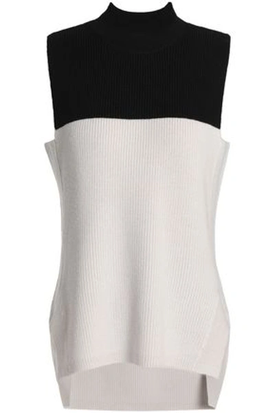Amanda Wakeley Two-tone Ribbed Merino Wool Top In Black