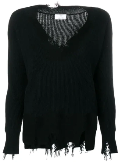 Allude Ripped Ribbed V-neck Sweater - Black