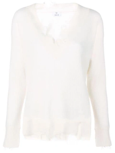 Allude Ripped Ribbed V-neck Sweater - White