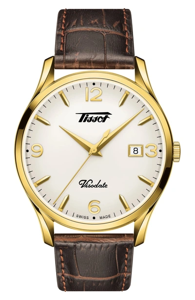 Tissot Heritage Visodate Leather Strap Watch, 40mm In White/brown
