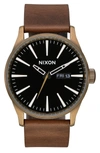 Nixon The Sentry Leather Strap Watch, 42mm In Brown/ Black/ Brass