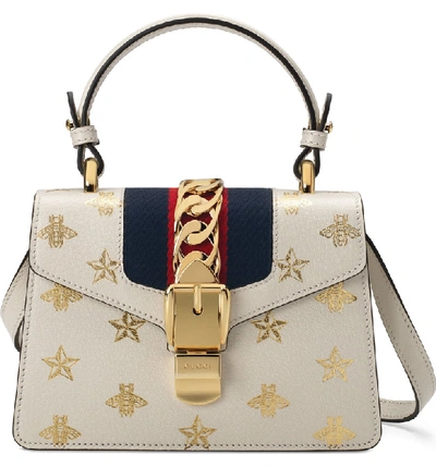 Gucci Sylvie Small Bee-print Leather Top-handle Satchel Bag In Mystic White/ Oro/ Blue/ Red