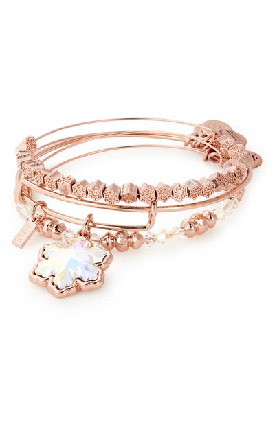 Alex And Ani Snowflake Set Of 3 Adjustable Wire Bangles In Rose Gold