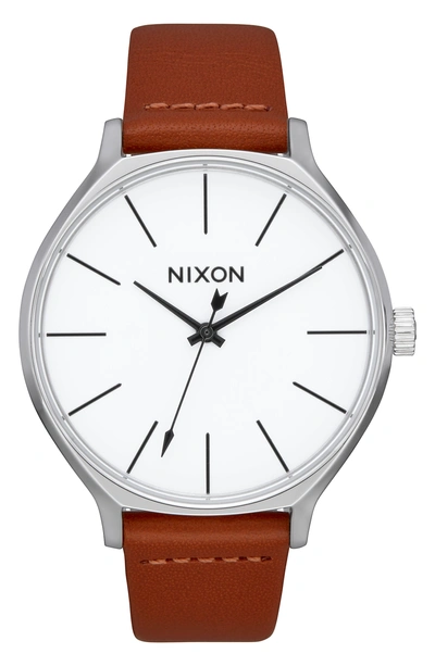 Nixon The Clique Leather Strap Watch, 38mm In Brown/ White/ Silver