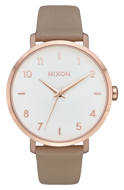Nixon The Arrow Leather Strap Watch, 38mm In Grey/ White/ Rose Gold
