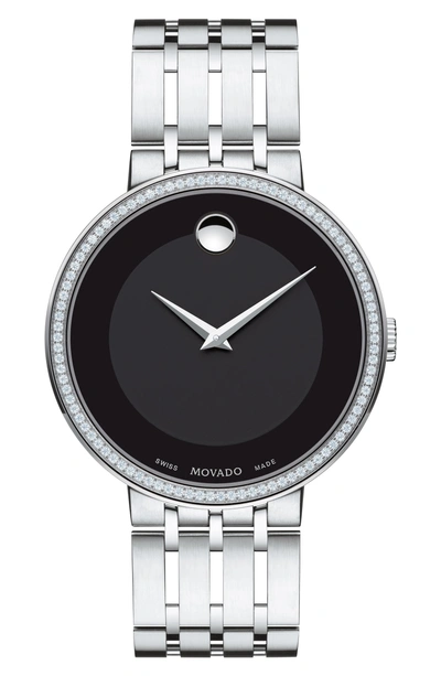 Movado Esperanza Diamond Bezel Bracelet Watch, 39mm In Silver/ Black/ Silver