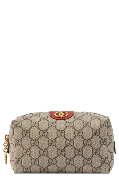 Gucci Ophidia Small Gg Supreme Cosmetics Clutch Bag In Beige Ebony/ Hibiscus Red