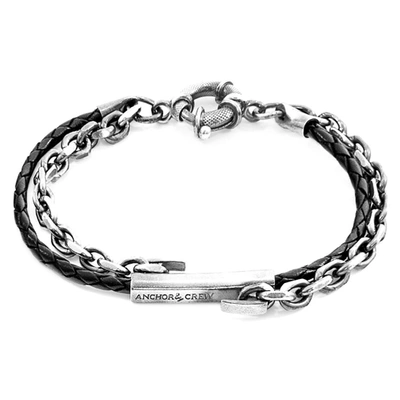 Anchor & Crew Coal Black Belfast Silver And Braided Leather Bracelet