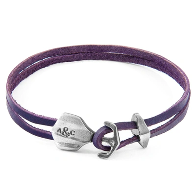 Anchor & Crew Grape Purple Delta Anchor Silver And Flat Leather Bracelet