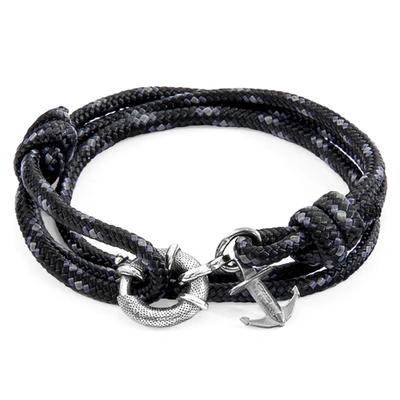 Anchor & Crew Coal Black Clyde Anchor Silver And Braided Leather Bracelet