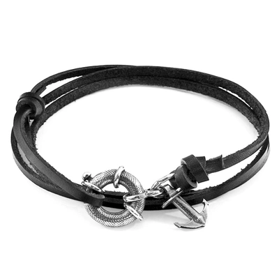 Anchor & Crew Coal Black Clyde Anchor Silver And Flat Leather Bracelet