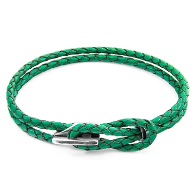 Anchor & Crew Fern Green Padstow Silver And Braided Leather Bracelet