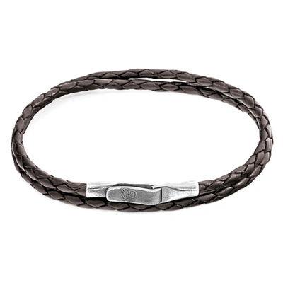 Anchor & Crew Dark Brown Liverpool Silver And Braided Leather Bracelet
