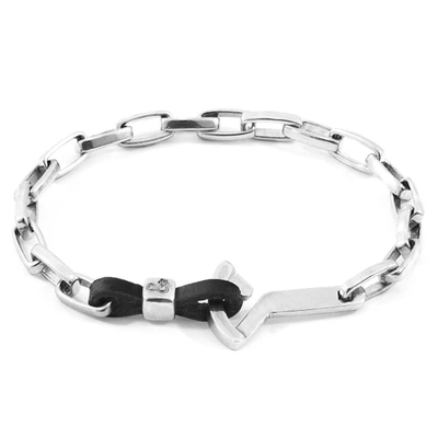 Anchor & Crew Coal Black Frigate Anchor Silver And Flat Leather Bracelet