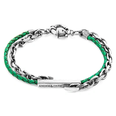 Anchor & Crew Fern Green Belfast Silver And Braided Leather Bracelet