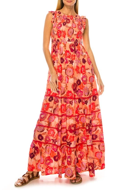 A Collective Story Floral Print Smocked Tiered Maxi Dress In Coral Almond