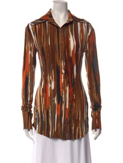 Pre-owned Aaizél Printed Long Sleeve Button-up Top In Brown