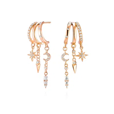 Aaria London Women's Mini Nyx Stacked Star And Moon Triple Hoop Illusion Earrings Rose Gold