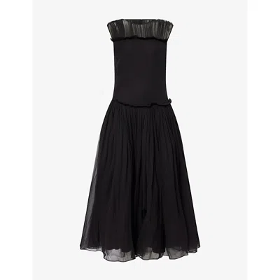 Abadia Womens  Sera Plissé-pleated Silk Midi Dress In Black