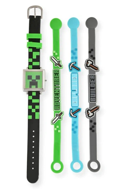 Accutime Kids' Minecraft Lcd Watch & Bracelet Set In Green Multi