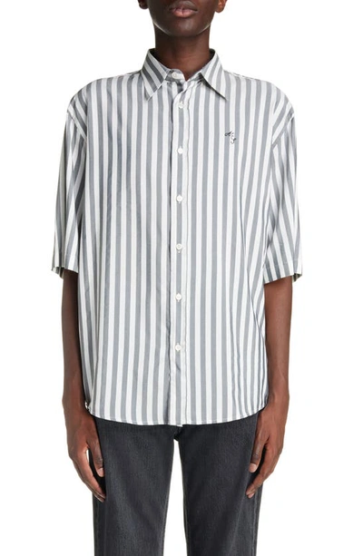 Acne Studios Embroidered Logo Stripe Button-up Shirt In Black/ White