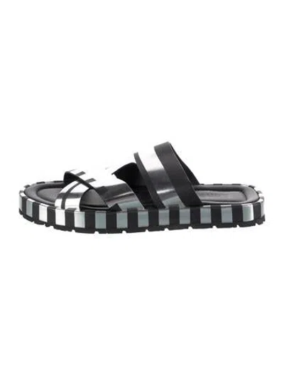 Pre-owned Acne Studios Leather Striped Slides In Black/metallic/silver