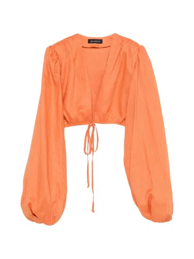 Actualee Tie-fastening Puff-sleeve Top In Orange
