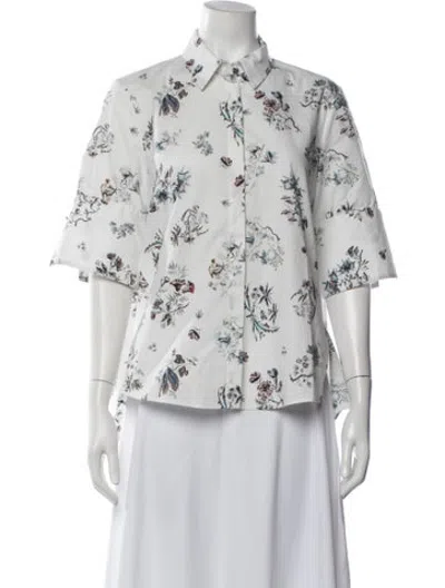Pre-owned Adam Lippes Floral Print Short Sleeve Blouse In White